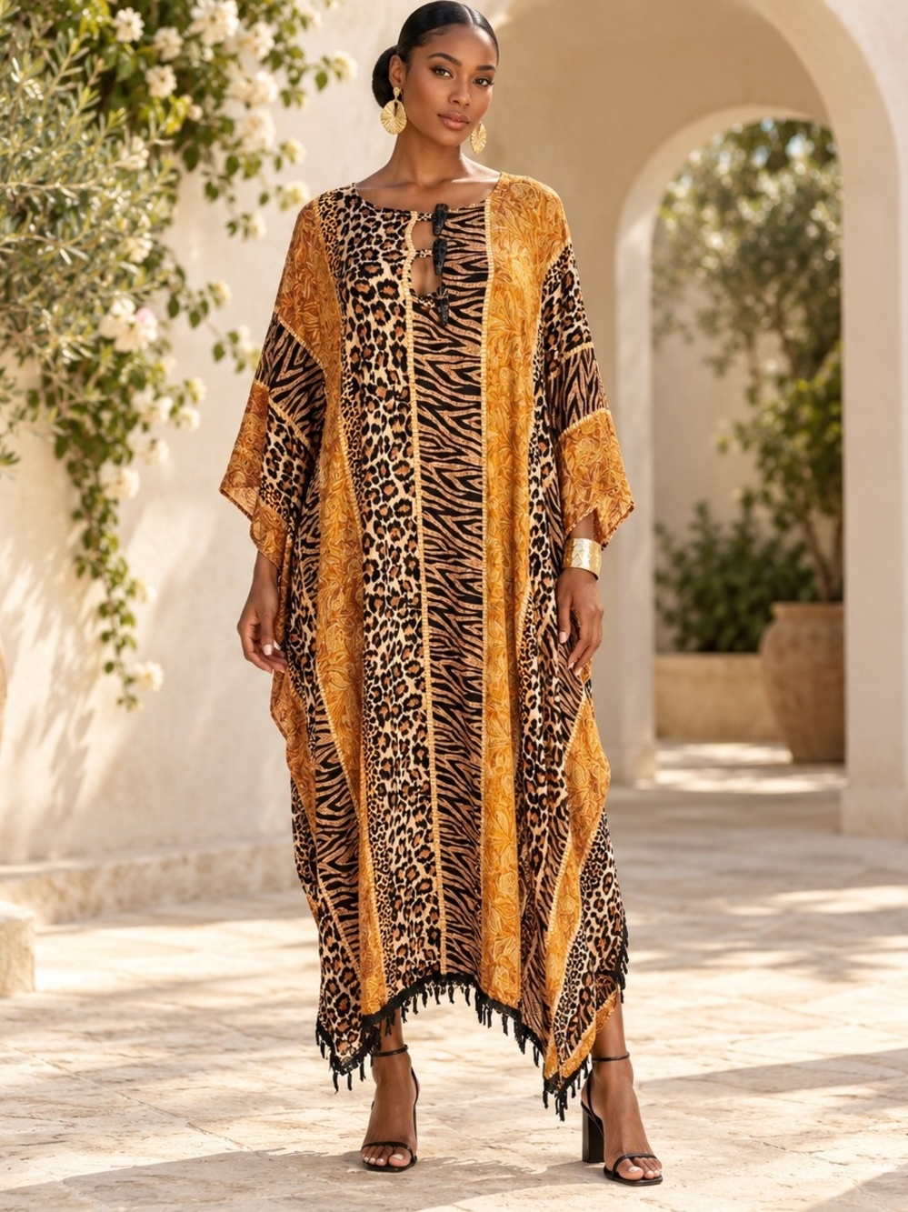 Vintage Y2K Animal Print Kaftan Tiger Cheetah Fringe Boho Hippy Mumu Large